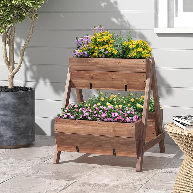S AFSTAR 21-Inch Vertical Raised Garden Bed, 3 Tiered Wooden Planter Boxes 26" L x 29" W x 29" H, Drainage Holes, Indoor Outdoor Flowerbed, Freestanding Elevated Planter Box for Garden Flower Veggies