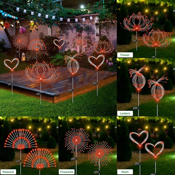 Solar Garden Lights Outdoor Waterproof, 2 Pack 120 LED Solar Firework Lights Decorative Garden Décor Outside for Flowerbed Pathway Party Christmas Decorations, Orange