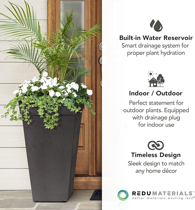 Tierra Verde 2-Pack Indoor & Outdoor Self-Watering Square Planters, Symphony, 15" x 28", Black - Planter Containers for Plants and Flowers - Gardening and Landscaping Accessories
