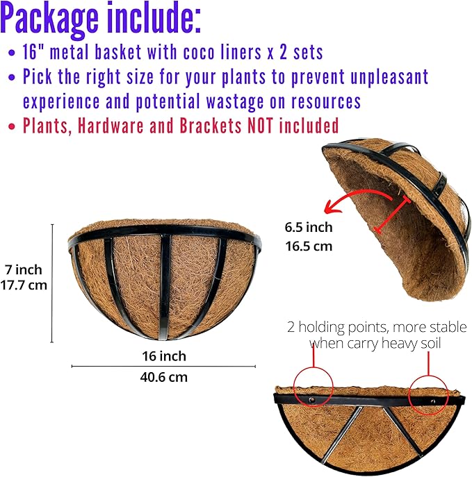 LalaGreen Wall Planters (2 Pack, 16 Inch) Black Metal Deck Railing Planter Boxes with Coco Liners, Window Flower Box for Outdoor Plants, Modern Horse Trough Fence, Balcony, Herb Patio Porch Over Rail