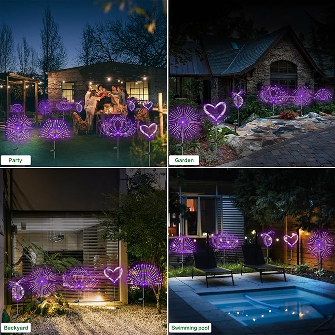 Solar Garden Lights Outdoor Waterproof, 2 Pack 120 LED Solar Firework Lights Decorative Garden Décor Outside for Flowerbed Pathway Party Christmas Decoration, Purple