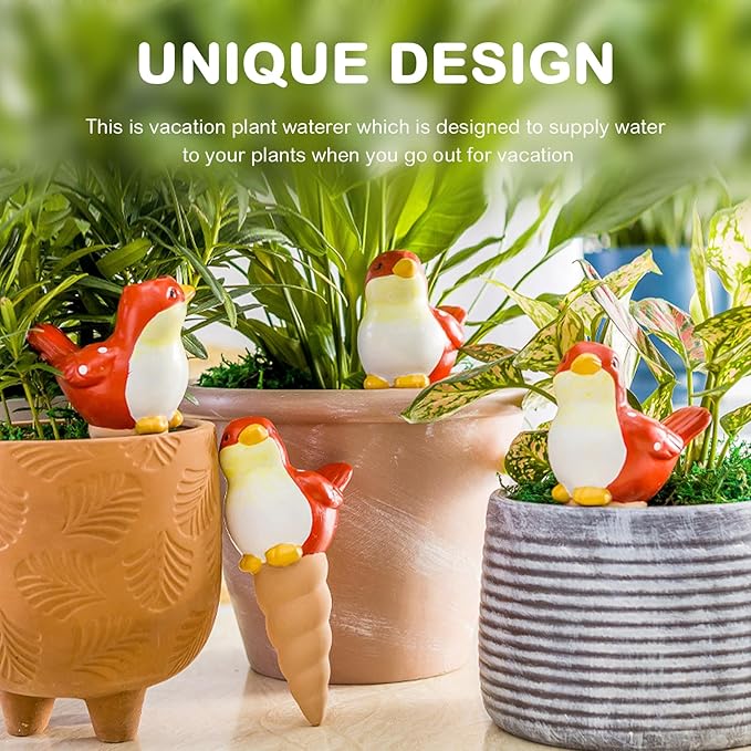 FirstGift 4 Pack Plant Self-Watering Stakes Terracotta Automatic Plant Waterer Devices Watering Globes Self-Watering Clay Planters Devices Perfect for Vacation Garden Plant Care （Blue/Red Bird）