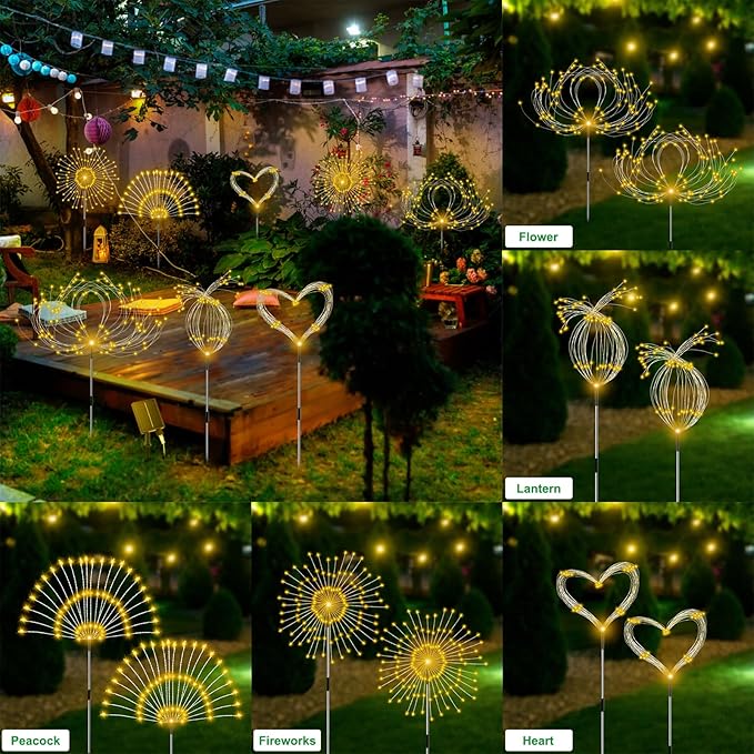 Solar Garden Lights Outdoor Waterproof, 4 Pack Total 480 LED Solar Firework Lights Decorative with 8 Lighting Modes Outside for Yard Pathway Flowerbed Decor, Warm White