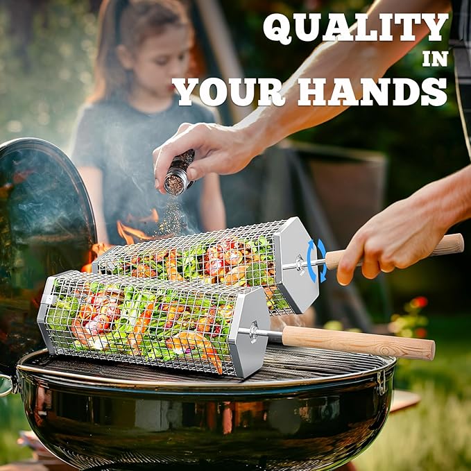 ivtivfu Rolling Grill Basket, Removable Wooden Handle, 304 Stainless Steel, Nesting Grilling Tools, Smoker BBQ Accessories for Vegetable, Outdoor Cooking Camping, Birthday Gifts for Men Dad Husband
