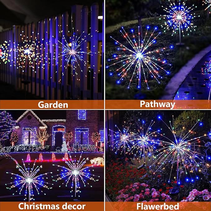4 Pack Solar Firework Lights 200 LED Create Magical Nights, Waterproof Starburst Fairy Lights for Garden Yard Patio Christmas Romantic Wedding Party Decor(Color)
