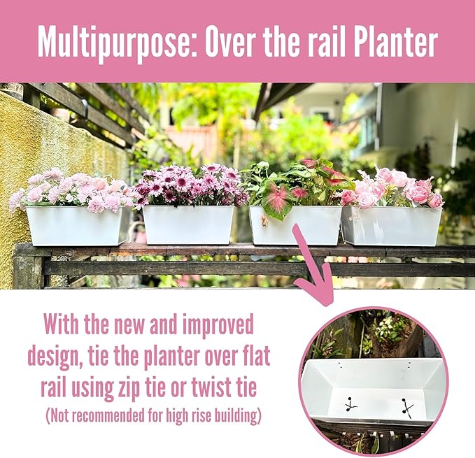 LaLaGreen Rail Planters (6 Pack, 14 Inch) White Metal Rectangle Window Boxes Outdoor, Strawberry Balcony Garden Deck Railing Fence Hanging Flower Pots with Detachable Hook Patio Porch Minimalist Decor