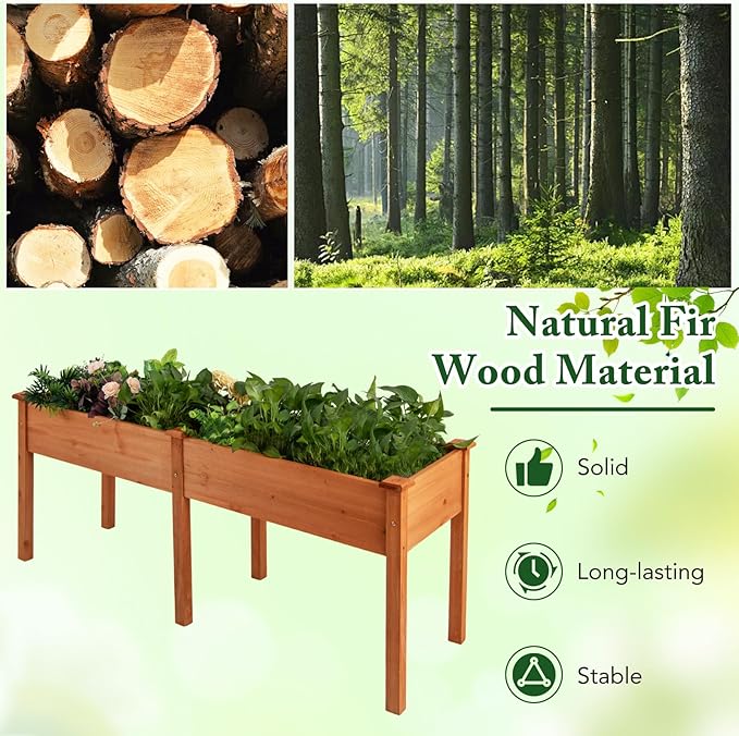 Raised Garden Bed with Legs, Elevated Planter Box with Divider & 8 Drainage Holes, Fir Wood Garden Box for Vegetables, Flowers, Fruits & Herbs (Brown Yellow)