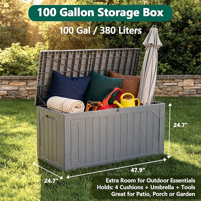 MAKE CHANGES Outdoor Storage Box, 100 Gallon Deck Box Outdoor Storage Bench Outside Waterproof Resin Storage Bench, Lockable Patio Cushions, Garden Tools Storage For Furniture, UV Resistant(Gray)
