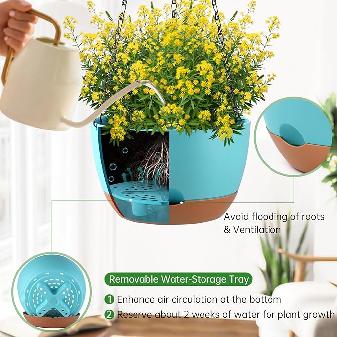 Set of 2 10 Inch Self Watering Hanging Planters for Indoor Outdoor Plants, Color Blocking Hanging Baskets Flower Pots with Drainage Hole & Removable Water-Storage Tray