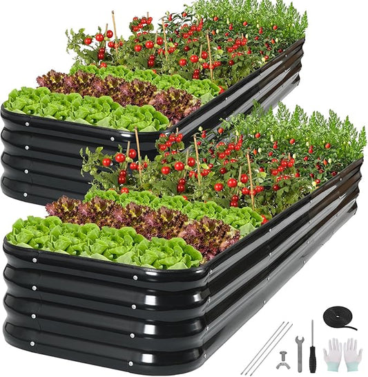 6 in 1 Galvanized Raised Garden Bed - 9x2x1ft (2Packs) Modular Planter Box Outdoor | Metal Raised Bed Kit with Bracing Rods for Gardening Vegetables Flowers Fruits Herbs (Dark Grey)