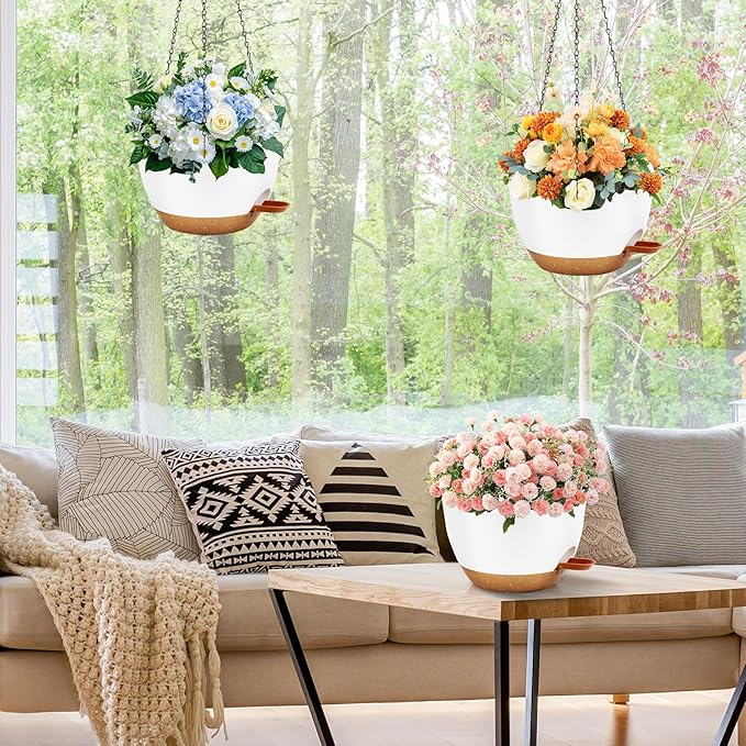 10 inch Hanging Planters for Indoor Plants, 3 Pack Self-Watering Hanging Planter Pots with Chain and Drainage Holes, Outdoor Hanging Baskets for Garden Home Decor (White With Brown, 3pcs/10inch)