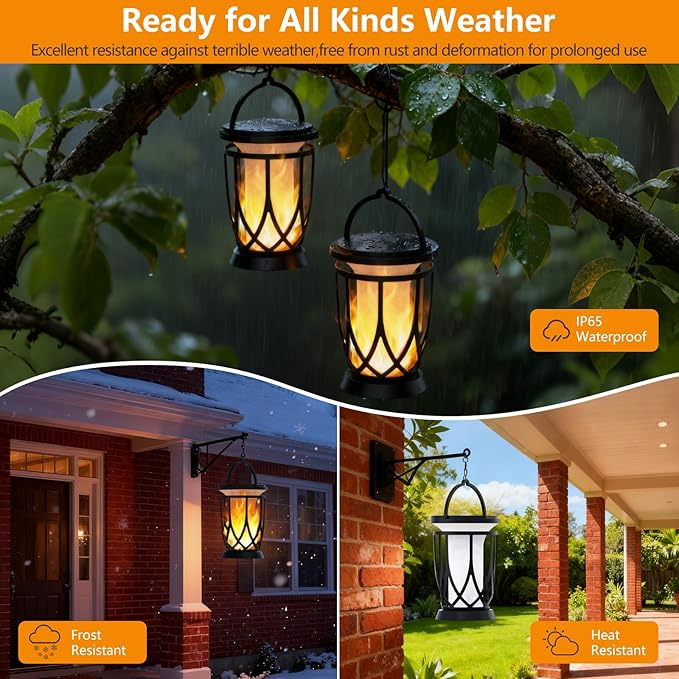 Solar Lanterns Outdoor Waterproof ,2 Pack Flickering Solar Flame Lights Upgraded Hanging Flame Lantern Pathway Torch Light Table Lamp, Auto On/ Off Porch Yard Gifts(2 Lighting Modes)