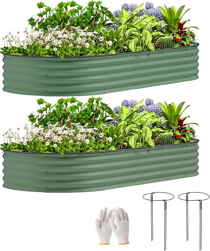 Outsunny 2PCS Galvanized Raised Garden Bed, 7' x 3' x 1' Raised Beds for Gardening with Plant Support Stakes, Rubber Strap Edging and Gloves, Metal Planter Box for Vegetables, Flowers, Green