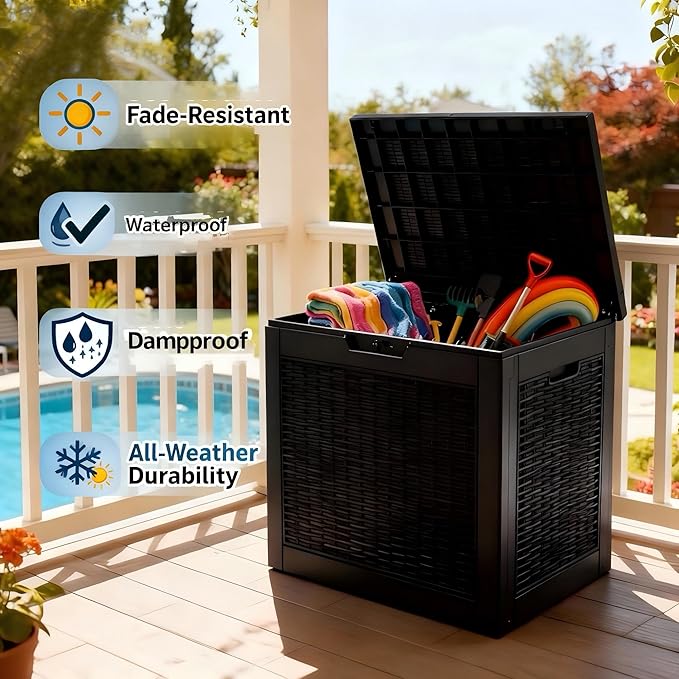 30 Gallon Resin Deck Box with Lockable Lid, Outdoor Storage for Patio Furniture Cushions, Garden Tools, Pool Accessories, All-Weather Waterproof Design