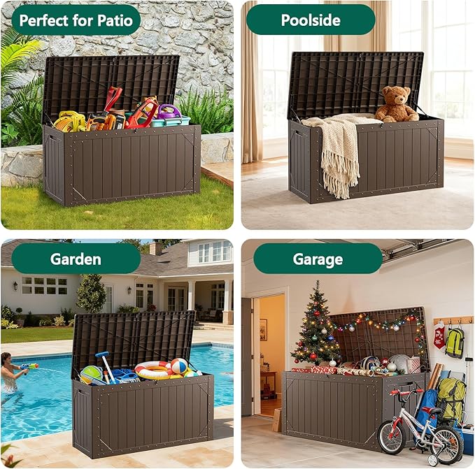 MAKE CHANGES Outdoor Storage Box, 100 Gallon Deck Box Outdoor Storage Bench Outside Waterproof Resin Storage Bench, Lockable Patio Cushions, Garden Tools Storage For Furniture, UV Resistant(Brown)