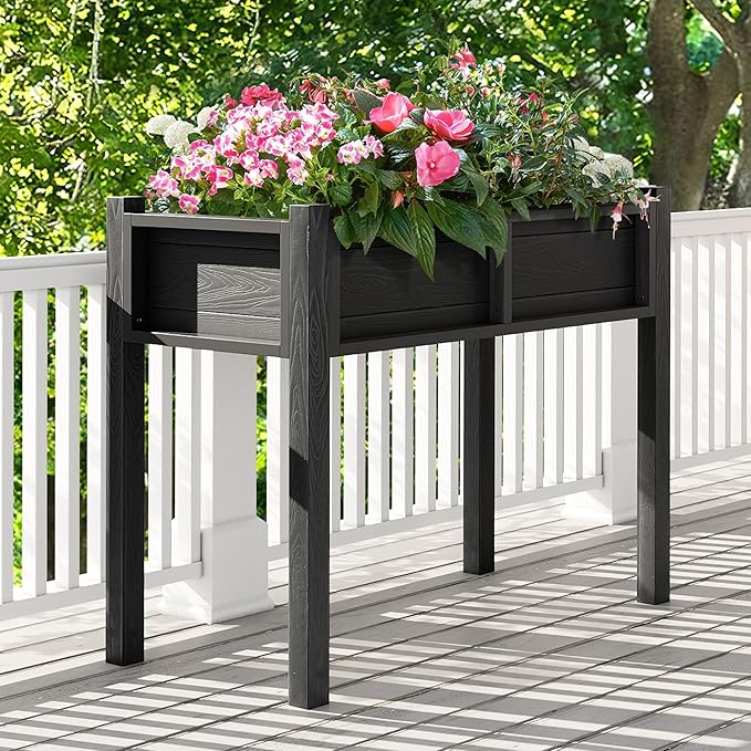 DWVO Raised Garden Bed with Legs All-Weather Elevated Planter Box Outdoor with Drainage System Patio Planters for Herbs Vegetables Flowers Plant Bed for Garden Balcony Backyard, Black