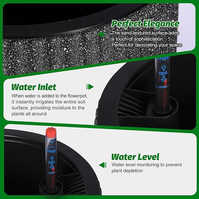 14.2" Tall Planters Set of 2, Large Indoor/Outdoor Self-Watering Plant Pots with Drainage, Water Level Monitor & Wheels, Flower Pots for Patio, Porch, Living Room, Home Office