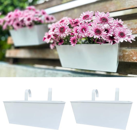 LaLaGreen Outdoor Planter (2 Pack, 16 Inch) Large White Metal Flower Pots Countryside Modern Rectangle Strawberry Window Box Succulent Planters with Drainage Hole Hanging Balcony Deck Rail Fence Porch