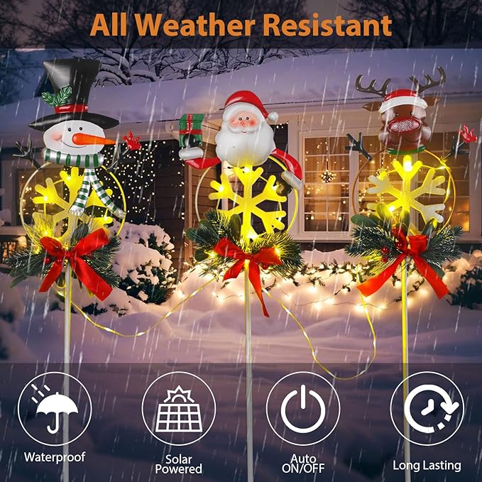 Christmas Yard Stakes Solar with Metal Santa, Snowman & Reindeer Set of 3, Christmas Grave Decorations with Solar String Lights for Outdoor Cemetery, Garden, Pathway, Porch