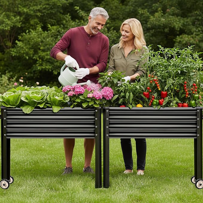 Land Guard 2 Pack Galvanized Raised Garden Bed with Legs & Wheels, 48×18×32in Metal Elevated Raised Planter Box for Backyard, Patio, Balcony, 500lb Capacity, Dark Grey