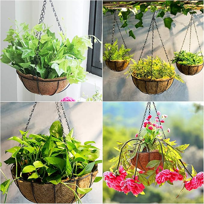 Outdoor Metal Hanging Planters Basket (4pack, 12 inch) Hanging Baskets for Plants Chain Round Wire Plant Holder with Coco Fiber Liners for Garden, Patio, Deck, Porch