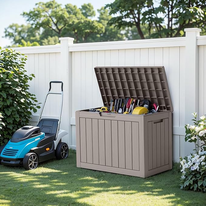 45 Gallon Waterproof Resin Deck Box, UV Resistant Outdoor Storage for Garden, Patio, Porch, Delivery（Grey，45 Gallon）