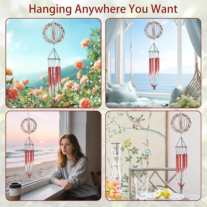 Red Cardinal Wind Chimes for Outside, 3D Wind Chimes with Wind Spinner, Outdoors Hanging Decor for Garden Porch Patio Backyard, Mothers Day Birthday Gifts for Women Mom Grandma