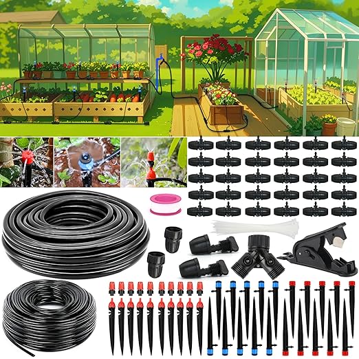 Drip Irrigation Kits, 213 FT Mist Cooling Automatic Irrigation System for Outdoor Plants with Distribution Tubing Hose, Garden Watering Sprinklers System for Yard, Lawn, Patio, Greenhouse