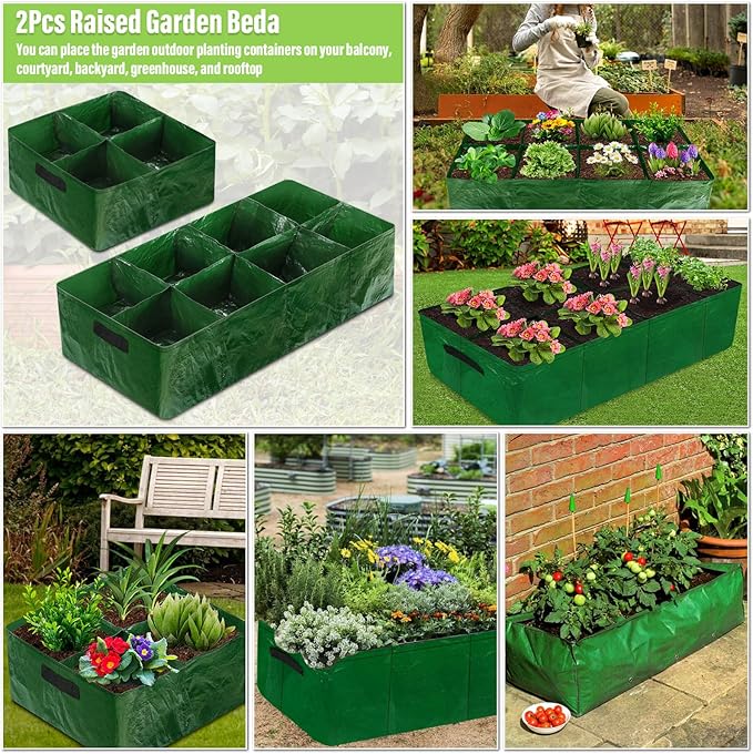 2Pcs Fabric Raised Garden Bed 8Girds Breathable Planting Containers and 4Girds Planters PE Planting Bed with Drainage Holes 128 Gallon Rectangle Garden Grow Bags for Outdoor Vegetables Fruits Flower