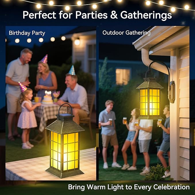 2 Pack 13" Patina Solar Lantern with Flickering Flame Candle | Outdoor Waterproof Hanging Lanterns, Metal & Glass Solar Lights for Garden Decoration, Rustic Outdoor Gifts for Mom