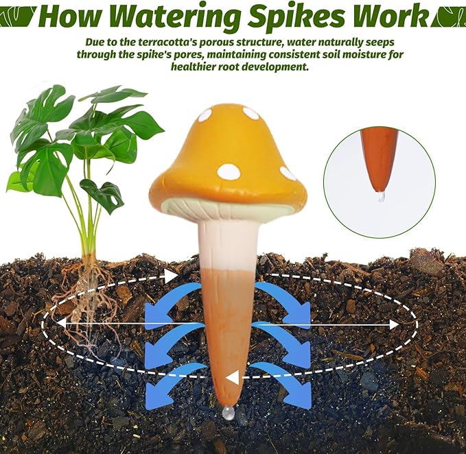 Terracotta Self Watering Spikes, 4 Pack Mushroom Self Watering Planter Insert, Vacation Plant Slow Release Watering Devices for Indoor Outdoor Plants, Colorful Large Water Globes