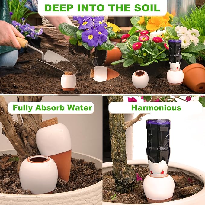 Olla Watering Pot Self Watering Planter Insert Terracotta Watering Spikes Premium Plant Watering Devices Irrigation Watering Spikes Automatic Plant Accessories 4 Packs (White Cone)