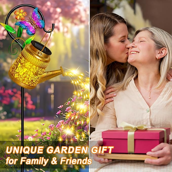 Christmas Gifts Solar Watering Can Lights Outdoor Garden Decor, Large Butterfly Hanging Lantern with Shepherd Hook, Waterproof Garden Lights for Outdoor Landscape Pathway Yard, Gift for Mom Grandma