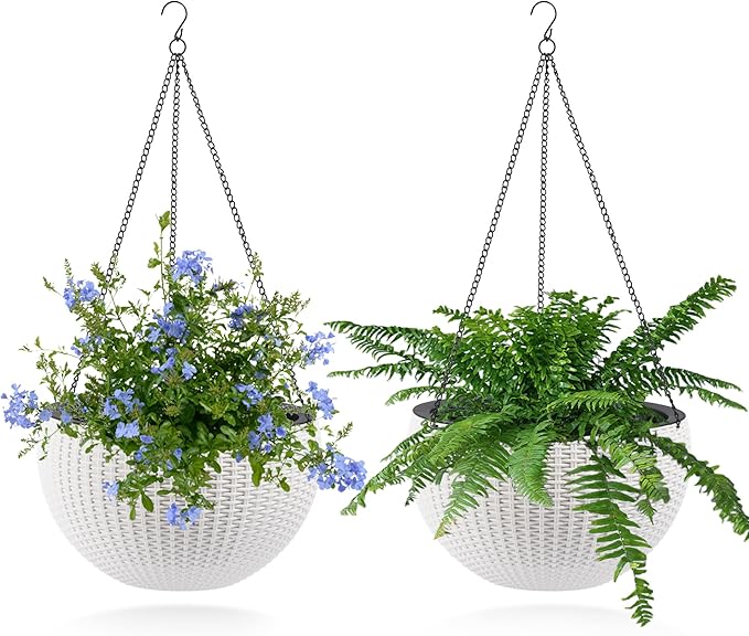 13.5 inch 2Pack Large Hanging Planters for Outdoor/Indoor Plants, Self Watering Hanging Pot with Water Level Indicato, Drainage Holes and Chain for Garden Porch, White