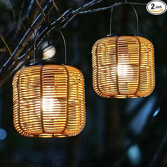Hanging Solar Lanterns Outdoor Waterproof, 2 Pack Rattan Outdoor Lanterns, Outdoor Solar Hanging Lights, Lantern Lamp Decorations for Outside Yard Garden Pathway Porch Indoor Table Rattan Decor