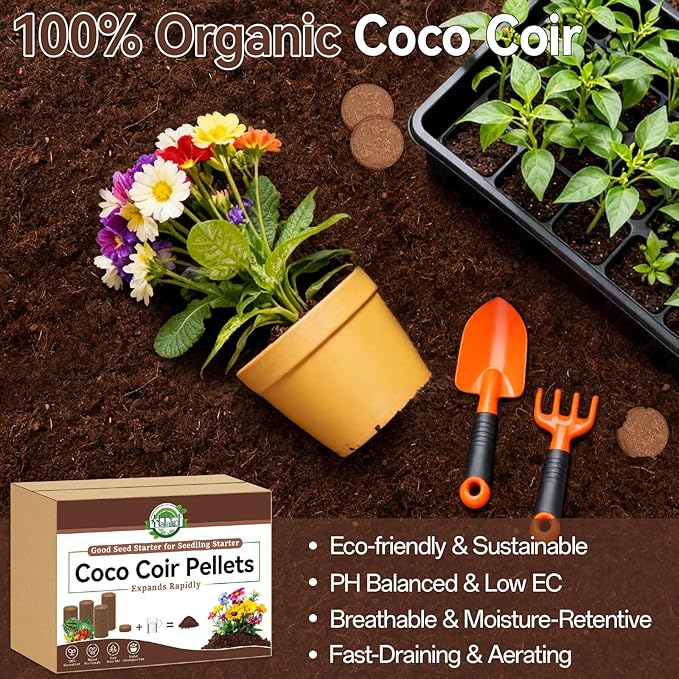 Halatool 50pcs Organic Coconut Coir Pellets Soil for Seed Starter, 30mm Compressed Coco Coir Potting Soil for Growing Vegetables, Fruits, Flowers