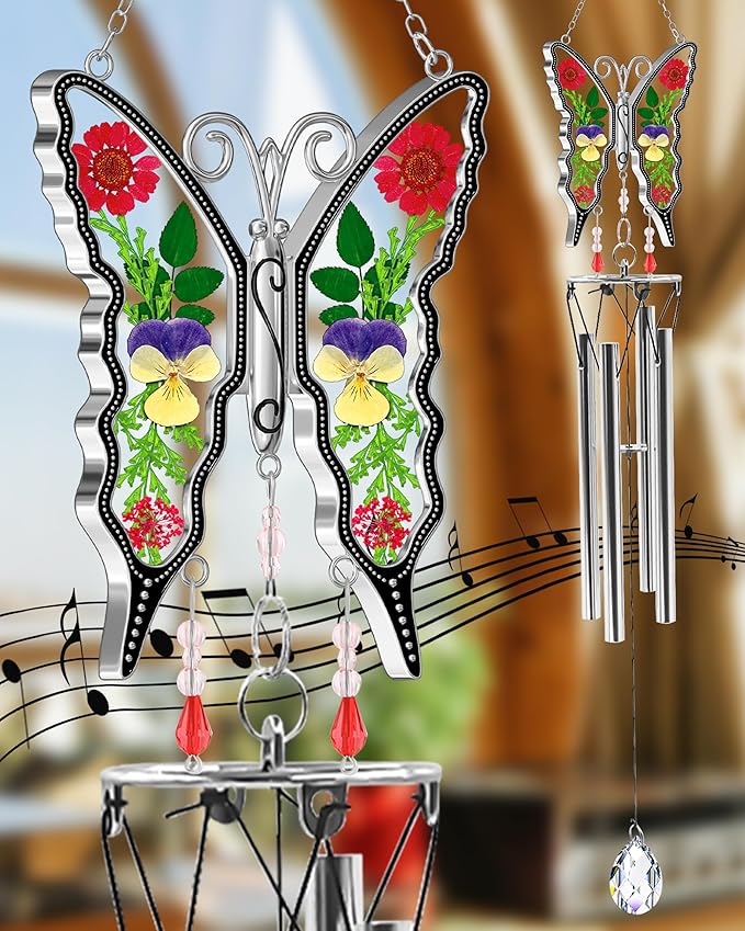 KY&BOSAM Butterfly Wind Chime for Outside with Crystal Sympathy Wind Spinner Wind Chimes Memory Memorial Wind Chime for Loss of Loved One Mother Father Condolence Gift Home Outdoor Garden Patio Decor