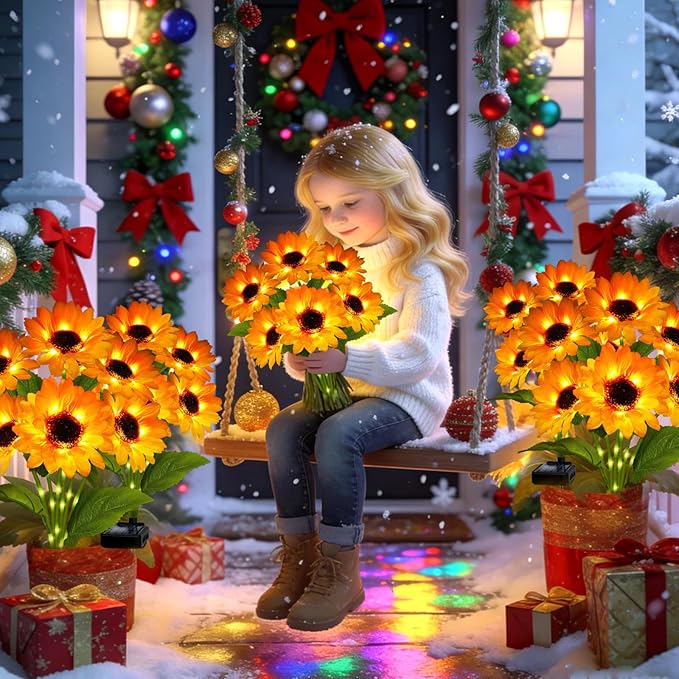 Upgraded Solar Sunflower Lights 1 Pack with 6 Outdoor Decor Flower Lights for Xmas Gift for Mom and Friends, IP65 Waterproof Sunflower Garden Stake Lights for Yard Patio Lawn Pathway (Warm White)