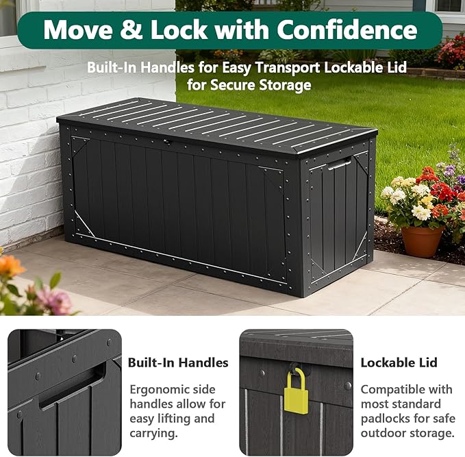 MAKE CHANGES Outdoor Storage Box,100 Gallon Deck Box Outdoor Storage Bench Outside Waterproof Resin Storage Bench, Lockable Patio Cushions, Garden Tools Storage For Furniture, UV Resistant