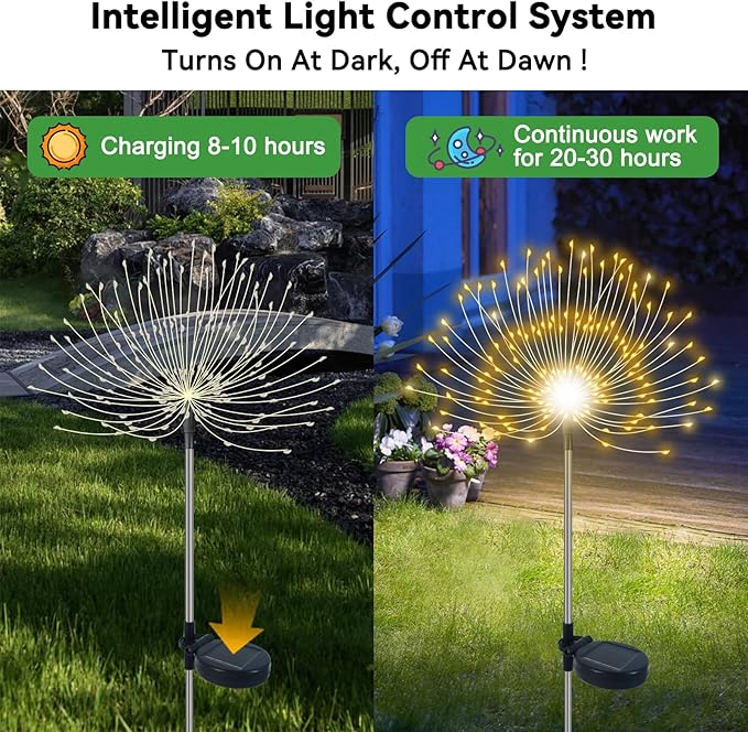 Solar Garden Lights Outdoor Waterproof, 2 Pack 120 LED Solar Firework Lights Decorative Garden Décor Outside for Flowerbed Pathway Party Christmas Decoration, Warm White