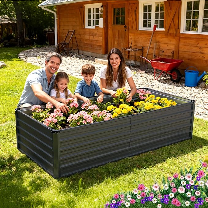 Smug Metal Raised Garden Bed, 6x3x2ft Outdoor Planter Box, Raised Garden Beds for Planting Plants Vegetables, Flowers, Grey Black