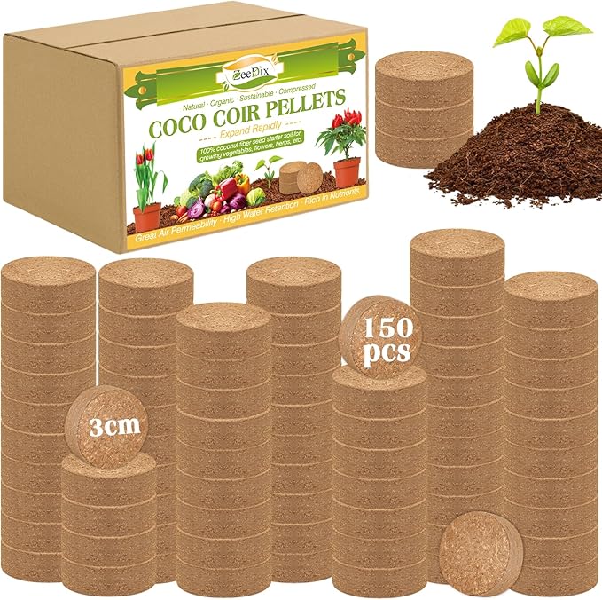 ZeeDix 150pcs 30mm Coco Coir Pellets Potting Soil, Organic Coconut Fiber Seed Starter Soil Pellets, Coconut Coir Soil Discs for Indoor Outdoor Plants, Herbs Houseplants Flowers Succulents Vegetables
