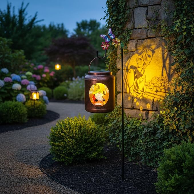 Solar Lanterns Outdoor Waterproof Metal Gnome Patterns with Resin Gnome Inside Garden Decor Gifts for Women Mom Grandma Hanging Solar Lights Decoration Outside for Yard, Patio, Backyard, Porch