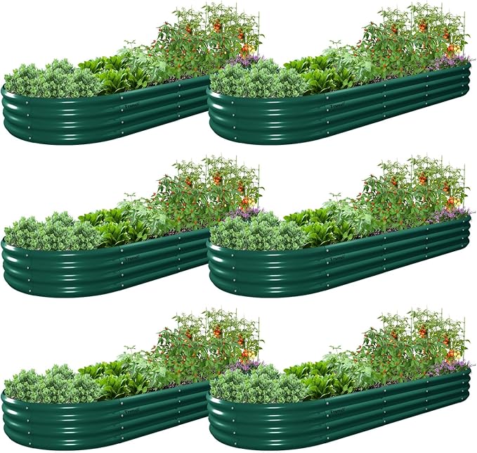 6 Pack 8x3x1FT Galvanized Raised Garden Bed Kit Oval Metal Ground Planter Box Outdoor Bottomless Planter Raised Beds for Vegetables Flowers Herbs Fruits, Green
