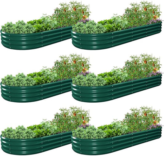 6 Pack 8x3x1FT Galvanized Raised Garden Bed Kit Oval Metal Ground Planter Box Outdoor Bottomless Planter Raised Beds for Vegetables Flowers Herbs Fruits, Green