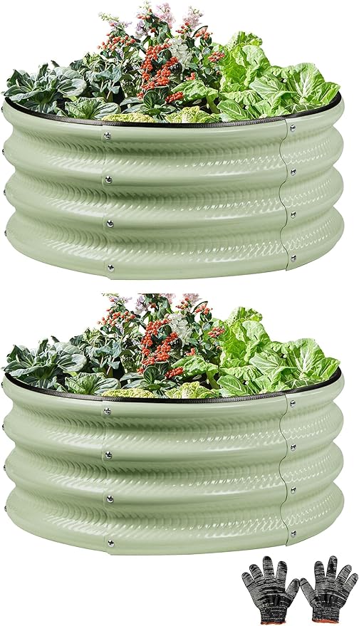 Gartist 2 Pcs 2x2X1 ft Galvanized Raised Garden Bed with Embossed Leaf Vein Pattern, Light Green Metal Round Outdoor Planter Box for Vegetables, Fruits, Flowers & Herbs
