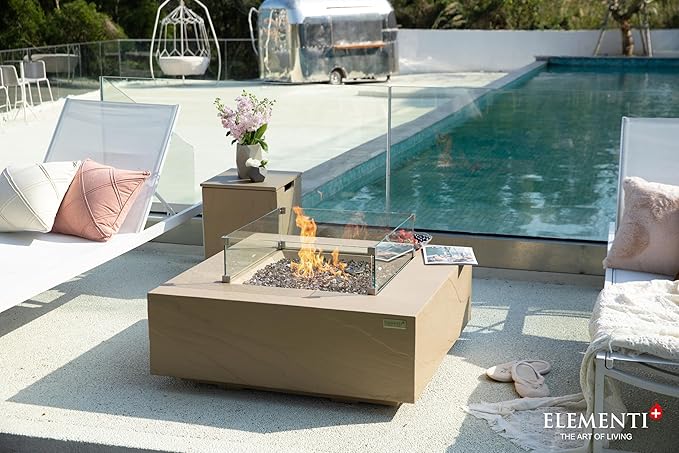 Elementi+ | Uluru Gas Fire Pit Cast Concrete 40" Square Fire Table, Outdoor Fire Pit Electronic Ignition | Canvas Cover, Fire Glass and Burner Lid Included | Sunlight Yellow | Propane Gas