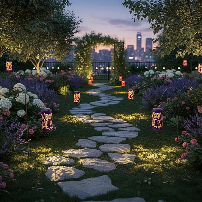 12.8" Large Size 2-Pack Outdoor Solar Lanterns Waterproof Metal Butterfly Patterns Garden Decor Gifts for Women Mom Grandma Hanging Solar Lanterns for Outside Yard, Patio, Backyard, Porch