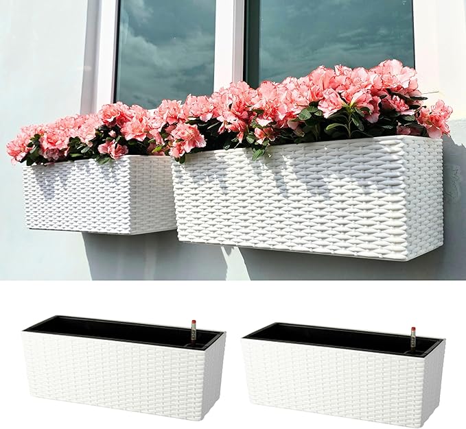 LaLaGreen Window Boxes Planters (20 Inch, 2 Pack) Outdoor Wall Hanging Flower Box with Bracket, Vertical Wall Mounted Self Watering White Rectangular Plant Container Modern Garden Herb Kitchen Indoor