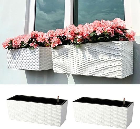 LaLaGreen Window Boxes Planters (20 Inch, 2 Pack) Outdoor Wall Hanging Flower Box with Bracket, Vertical Wall Mounted Self Watering White Rectangular Plant Container Modern Garden Herb Kitchen Indoor